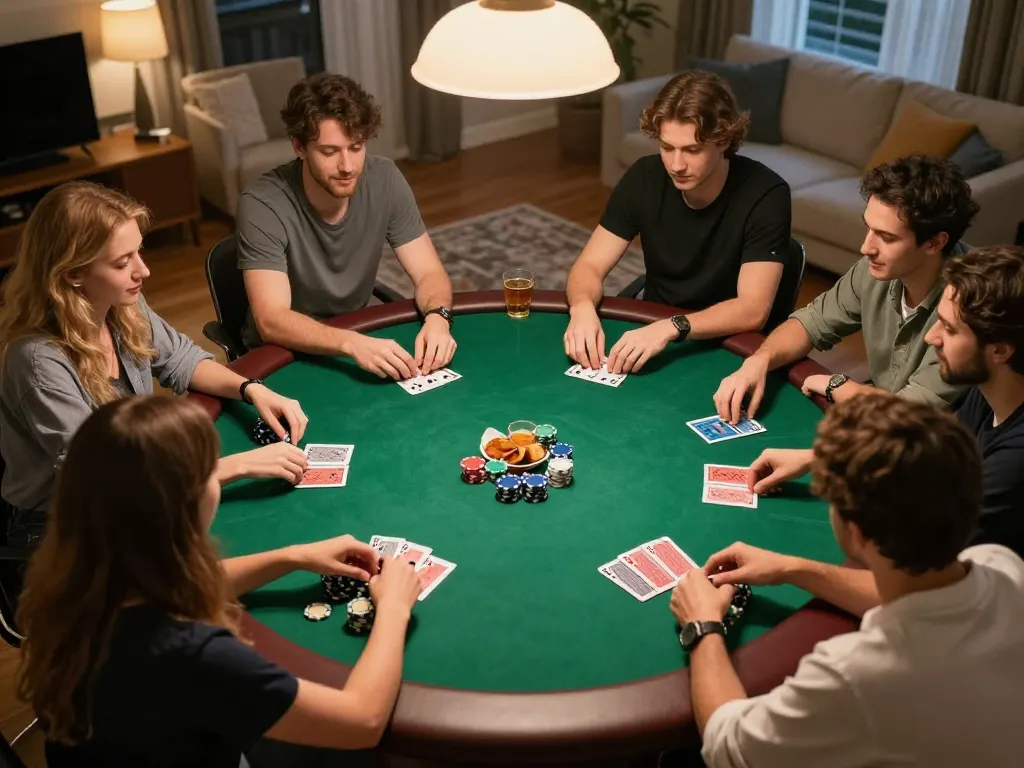 Engaging social moment playing game bài đổi thưởng at a lively home poker night with friends.