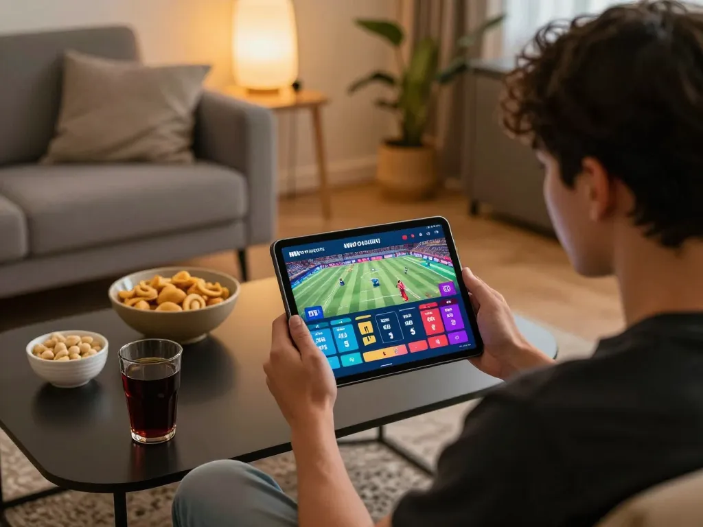 Engaging with mpo sport online betting app from a cozy home, showcasing strategic gameplay.