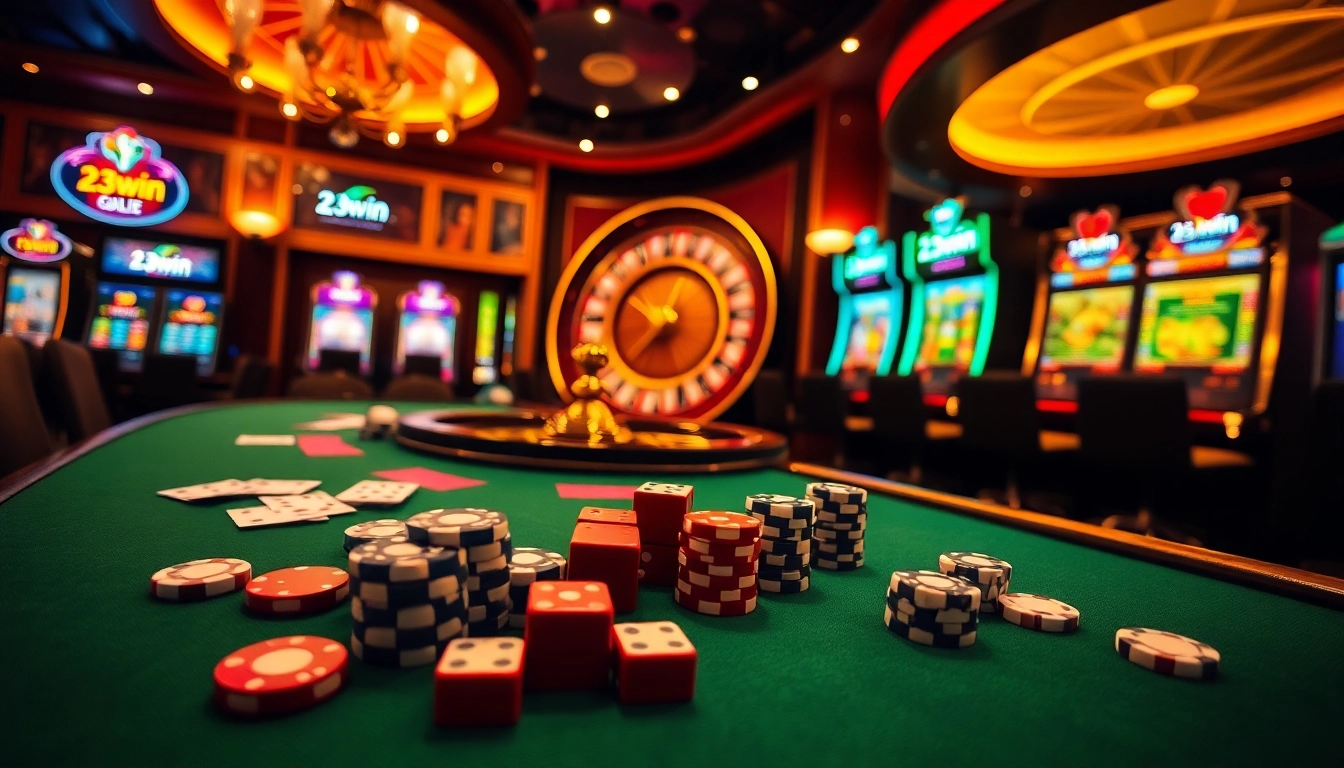 Experience the thrill of gambling with 23win in a luxurious casino setting featuring poker chips and roulette.