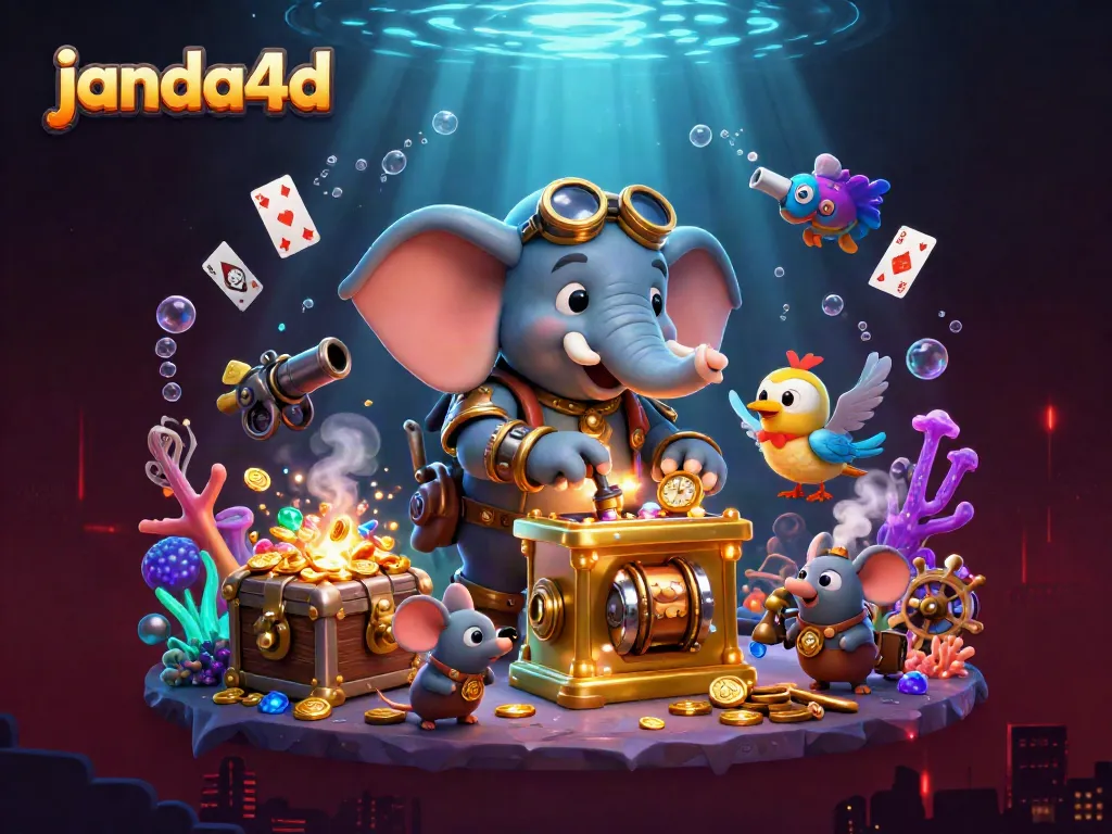 JANDA4D menampilkan ilusi kasino dengan karakter elefant steampunk yang mengoperasikan mesin slot di dunia laut.