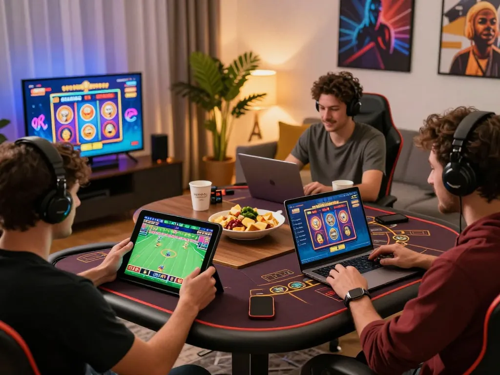 Engaging scene of diverse players enjoying tv88 nhà cái games in a modern living room.