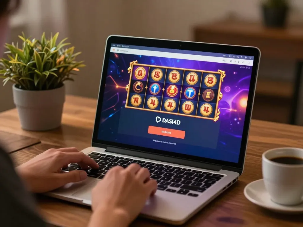 Layar login DASI4D yang menampilkan grafis permainan slot yang cerah di pengaturan laptop rumah yang nyaman.