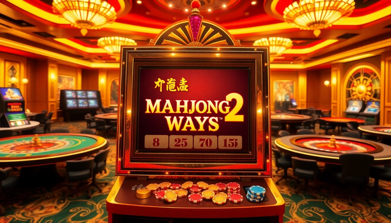 Rasakan permainan yang mendebarkan dengan mesin slot Mahjong Ways 2 di kasino kelas atas yang menampilkan meja poker dan chip taruhan yang berwarna-warni.