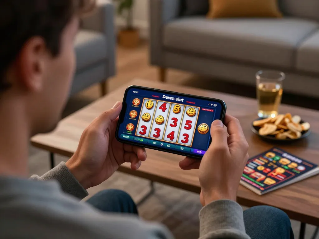 Player enjoying dewa slot on smartphone during cozy home gaming session, showcasing excitement and strategy.