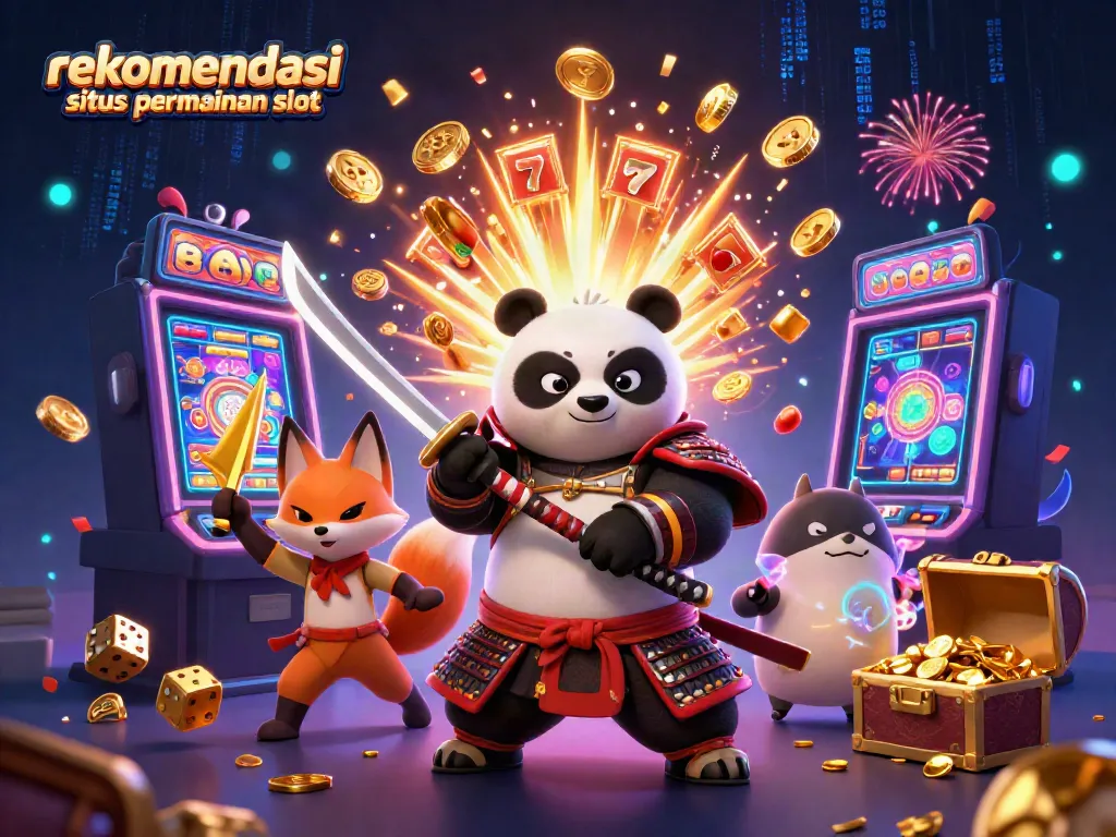 Ilustrasi 3D menampilkan karakter panda samurai dan rubah ninja di dunia slot gacor, rekomendasi situs permainan slot.