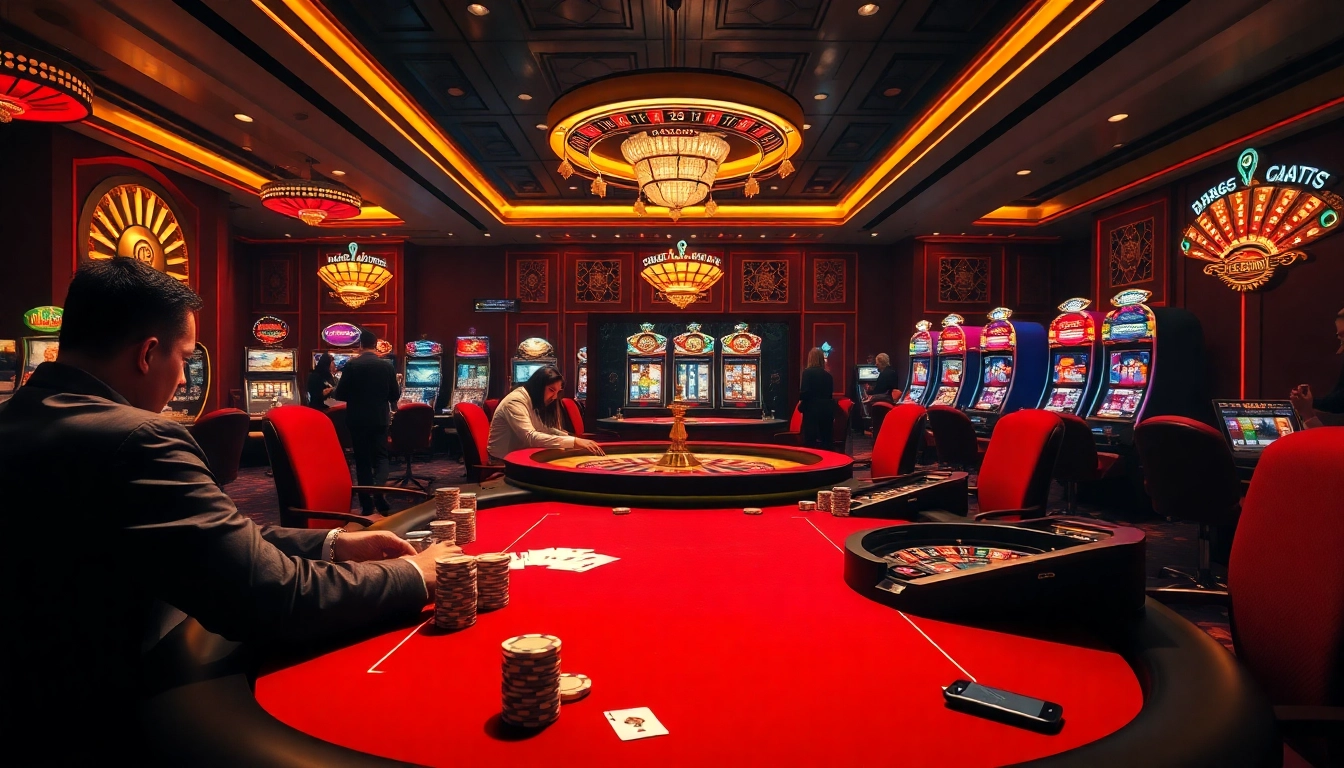 Engaged players strategizing at a luxurious MB66 poker table in a vibrant casino setting.