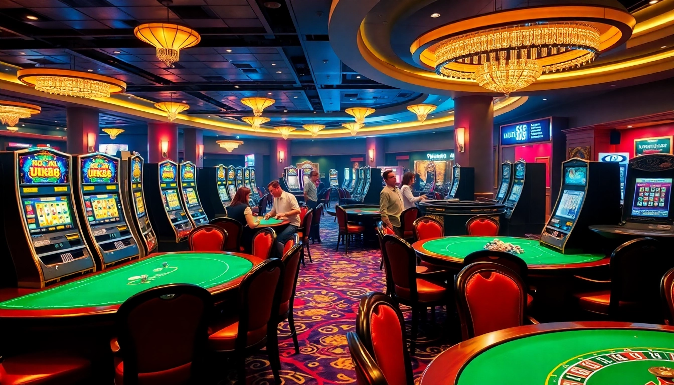 Players enjoying various games at nhà cái uk88 casino, featuring vibrant slot machines and roulette.