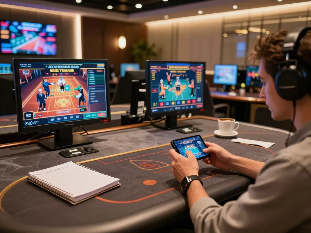 Excited player engaging with gnk88 mobile casino app, showcasing modern gaming setup and dynamic environment.