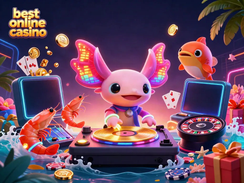 Experience the thrill at the best online casino with neon axolotl DJ and dancing sea creatures.