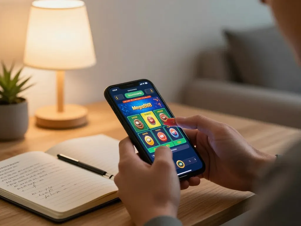 Engaging in gaming with mega888 test id on a smartphone, showcasing immersive mobile casino experience.
