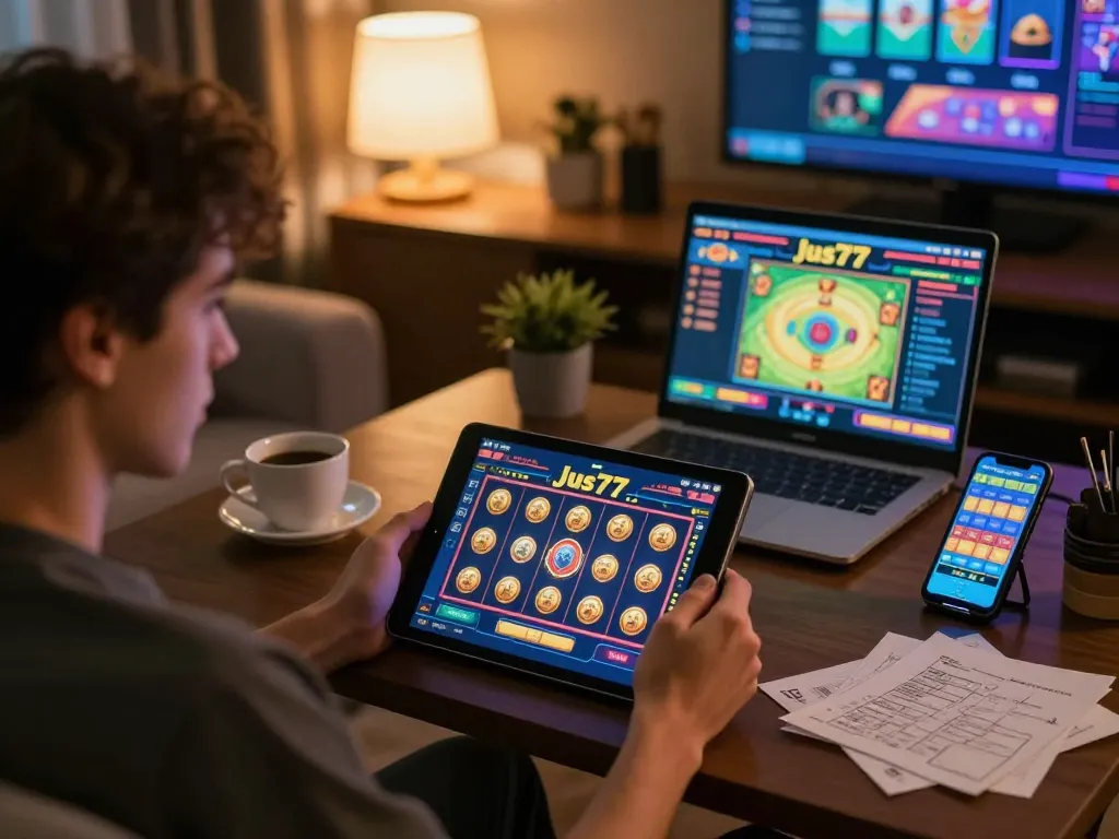 Pemain yang terlibat merasakan sensasi permainan slot jus77 di tablet di rumah.