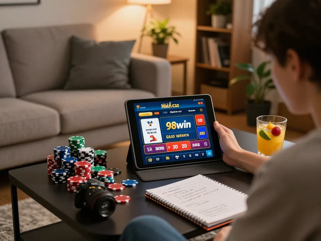 Engaging online gaming scene with the nhà cái 98win app on tablet, showcasing strategic play and responsible entertainment.