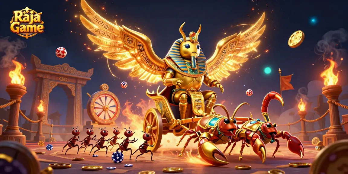 Engage in Raja Game with a dynamic illustration of a golden scarab in chariot amidst lottery excitement and riches.