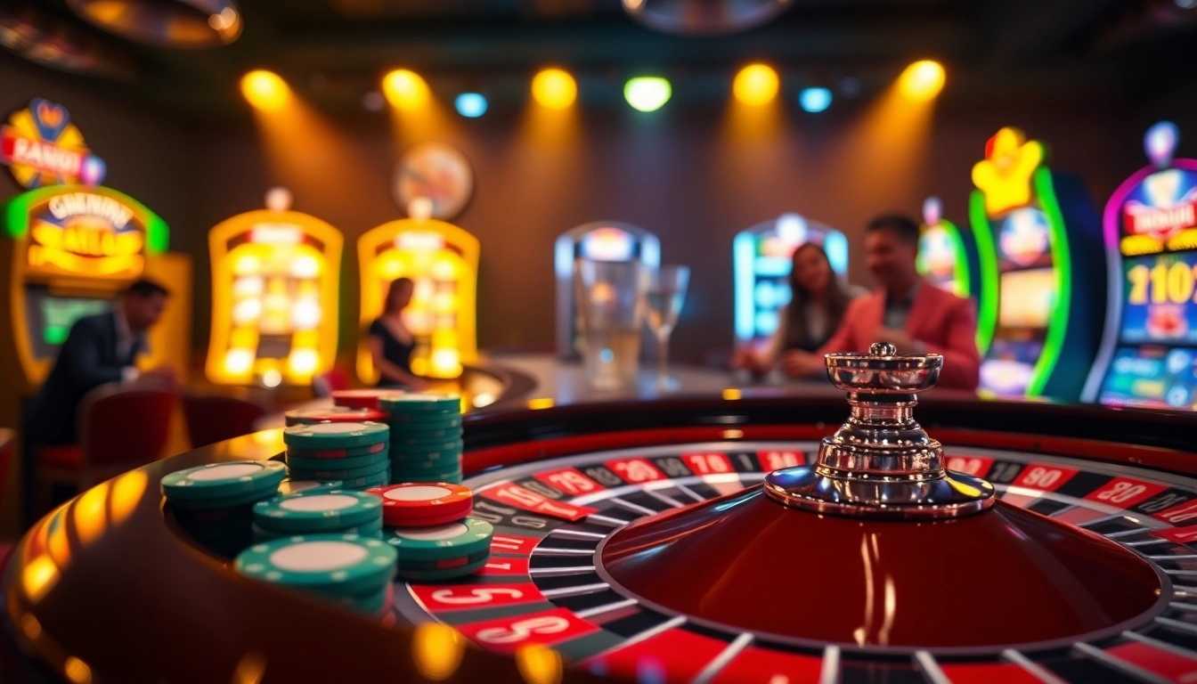 Experience the thrill of Diwa777 at a lively casino roulette table with vibrant players.