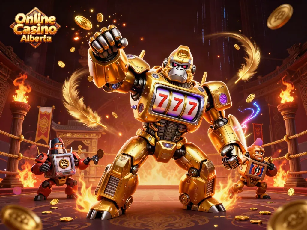 Engage in thrilling slots at Online Casino Alberta featuring a golden gorilla mech surrounded by vibrant game elements.