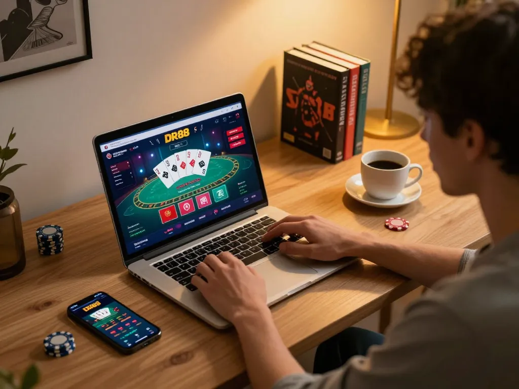 Engaging in online betting on DR88 platform from a cozy home setup with laptop and betting app