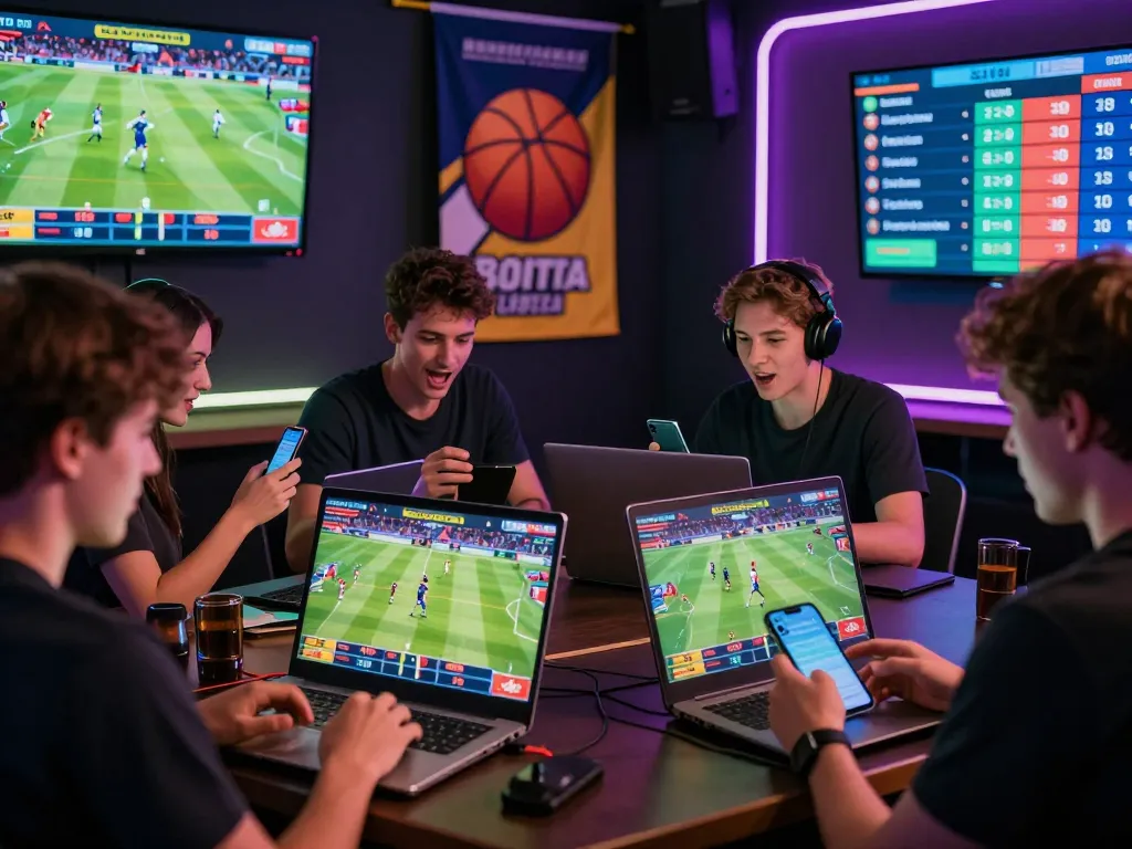 SBOBET users engaged in exciting sports betting, showcasing live game odds and vibrant digital displays.