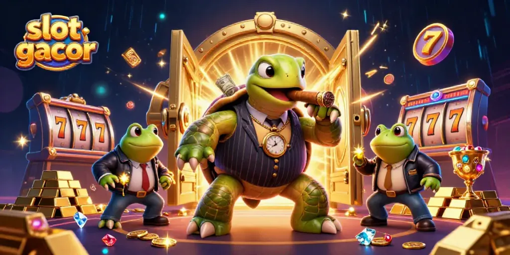 Experience big wins with slot gacor, featuring a snapping turtle and bullfrog enforcers in a vibrant casino scene.