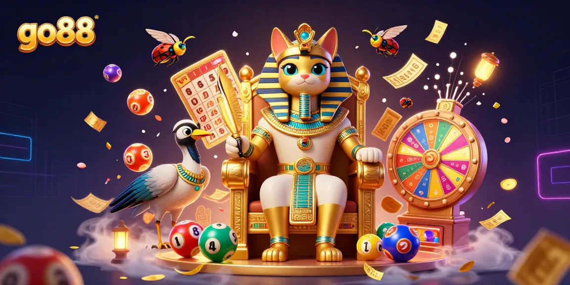 Experience go88's vibrant gaming world, featuring the Egyptian pharaoh cat amidst dynamic casino elements.