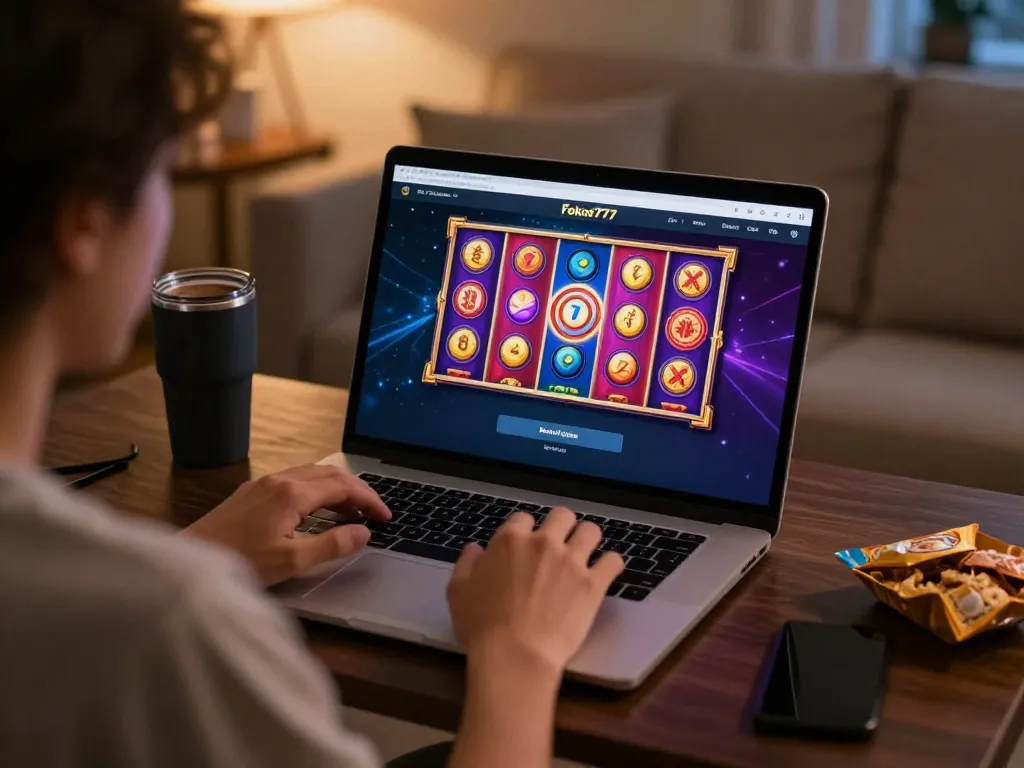 Engaging with the Fokus777 login interface during an online gaming session at home.