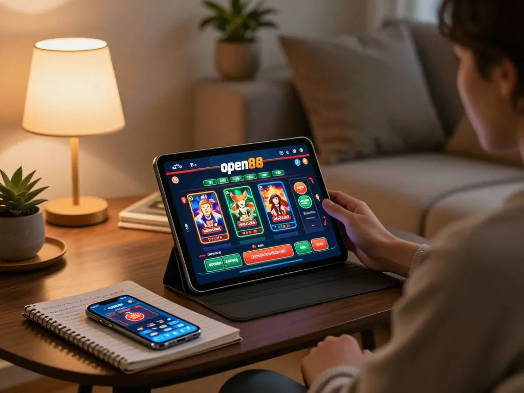 Engaging online gaming scene at open88 with user analyzing strategies and enjoying casino games.