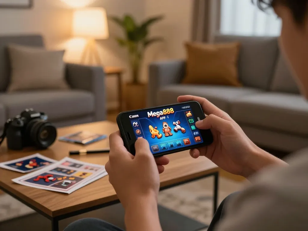 Mega888 APK mobile gaming experience in a cozy home setting with smartphone and strategy notes.
