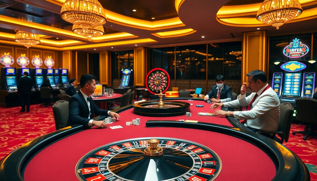 Players enjoying a thrilling poker game at a luxurious venue, showcasing Nhà cái uy tín in action.