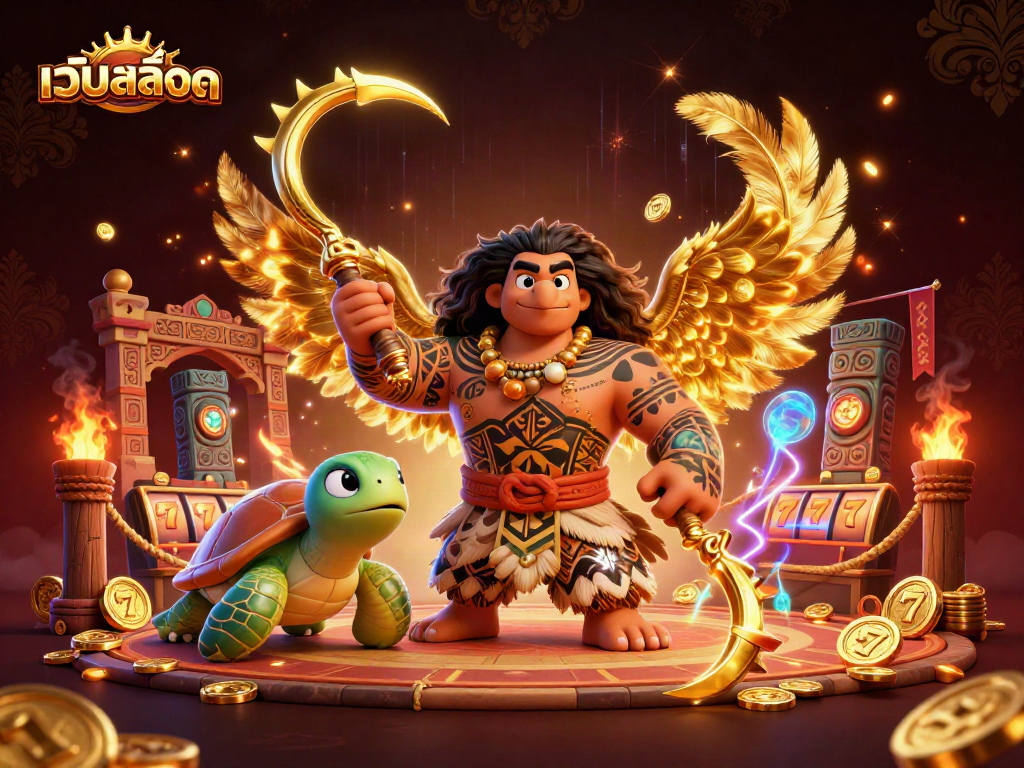 Play exciting เว็บสล็อต games featuring a 3D cartoon demigod and vibrant casino elements.