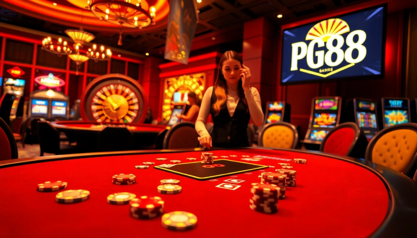 Experience thrilling gameplay at PG88 casino with vibrant poker chips and an elegant dealer.