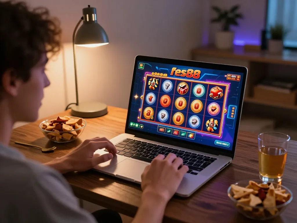 Playing slot88 resmi games on a laptop, showcasing an exciting online gambling atmosphere.