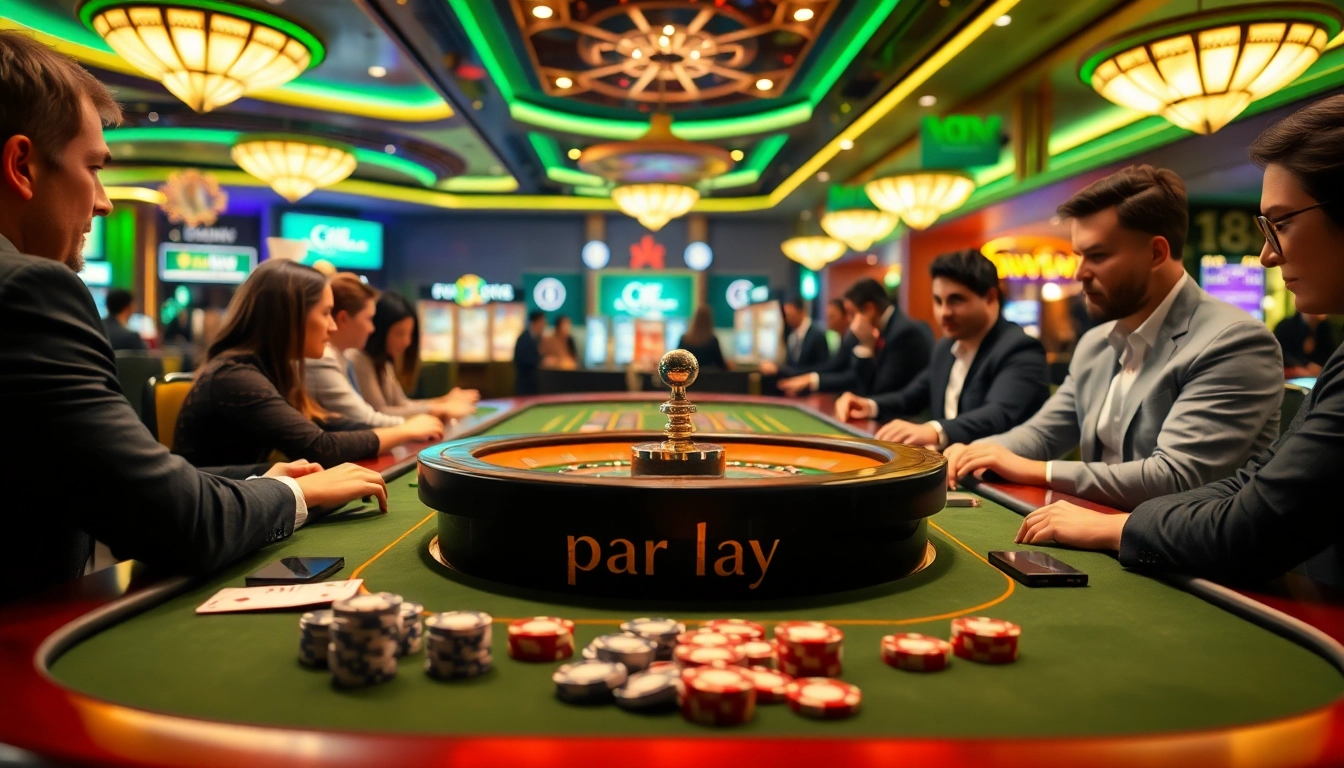 Bermain parlay bola di kasino dengan suasana meriah dan meja permainan yang mewah.