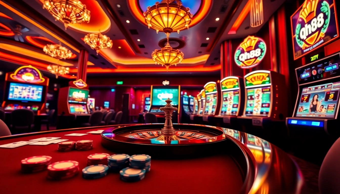 Experience thrilling gameplay at qh88 with vibrant tables, poker chips, and exciting casino elements.