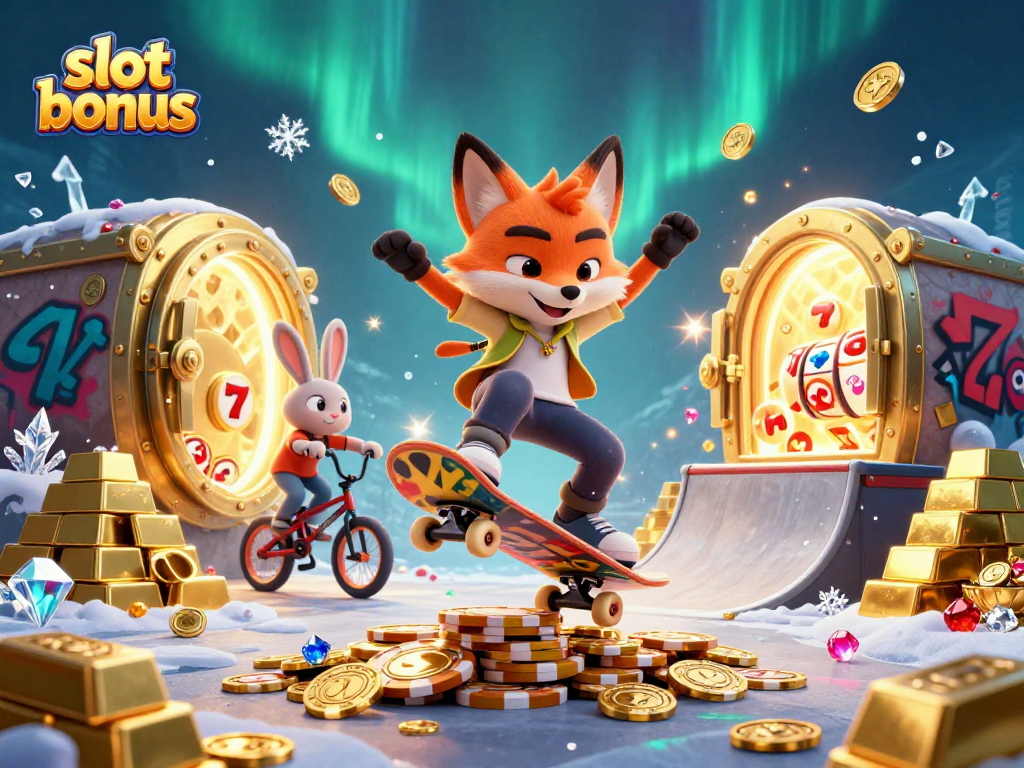 Engage with thrilling slot bonuses through a vibrant 3D scene of cartoon characters celebrating luck and treasure.