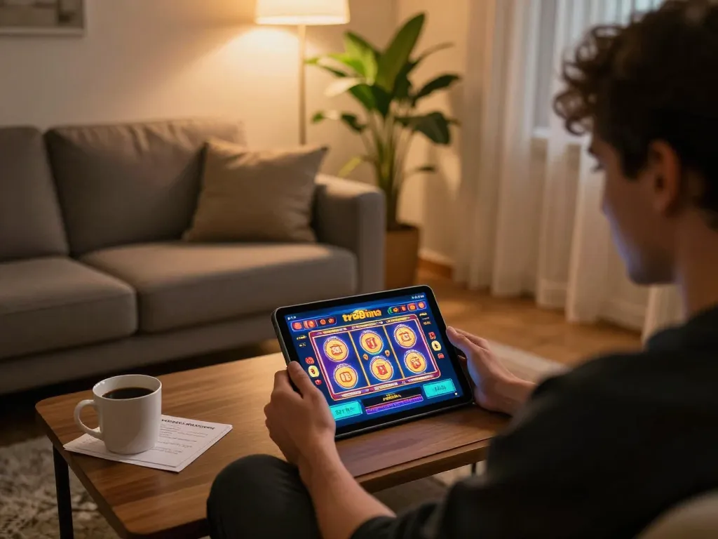 Player engaging in online gambling with tr88vina casino on a tablet, cozy home atmosphere, focused on strategy