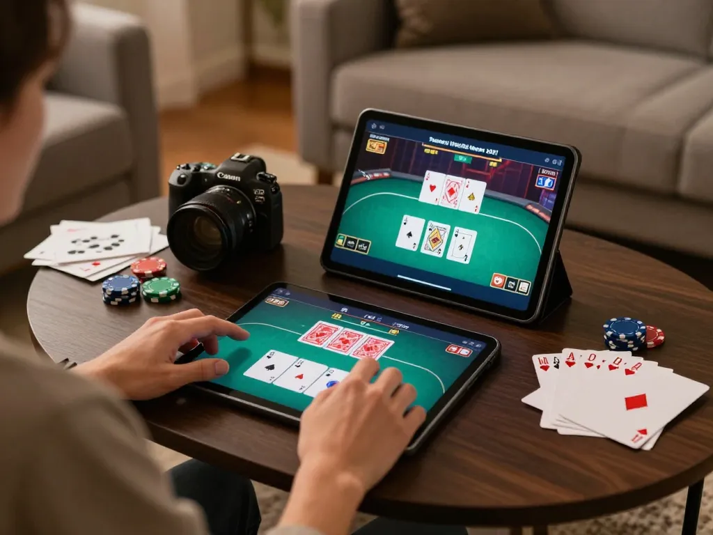 Engaging in online poker gaming on a tablet with MMOO, showcasing strategy and excitement.