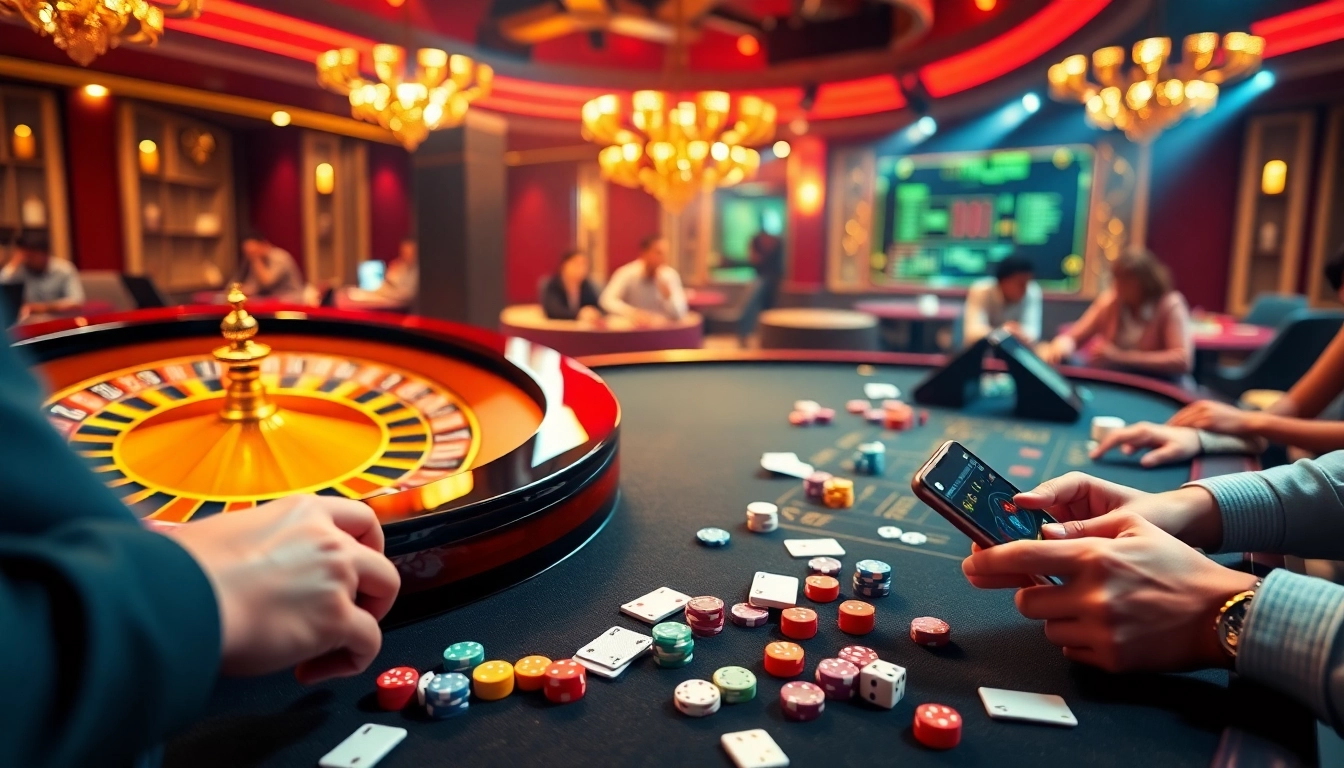 A lively online gambling scene at thabet77.sa.com features players at casino tables, showcasing excitement and luxury.