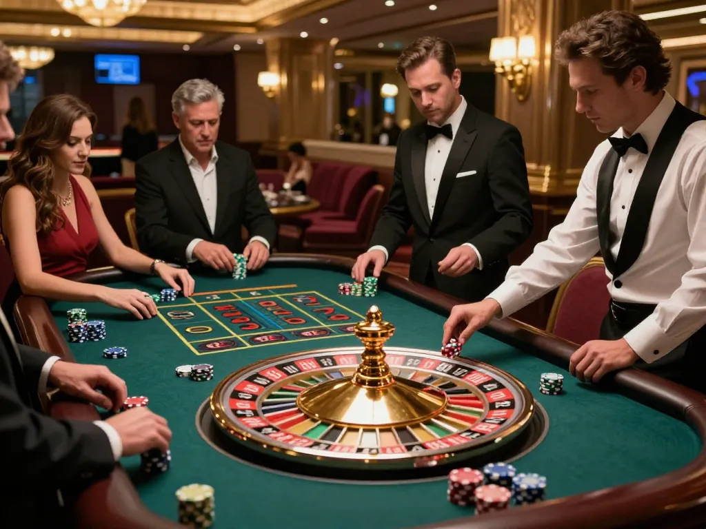 Players placing bets at a lively roulette table showcasing the excitement of nhà cái shbet in a luxurious casino.
