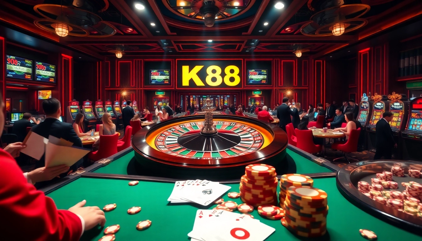 K88 players engaging with vibrant casino games including roulette and poker.