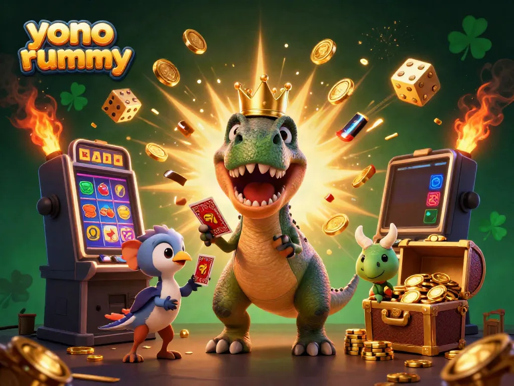 Gambarkan keseruan yono rummy dengan T-Rex mengocok kartu dan teman-temannya di kasino.