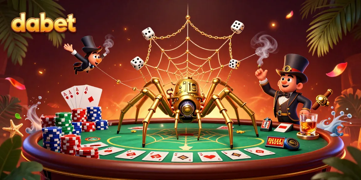 Dabet engages players with a steampunk spider webbing poker chips and dice in a vibrant casino scene.