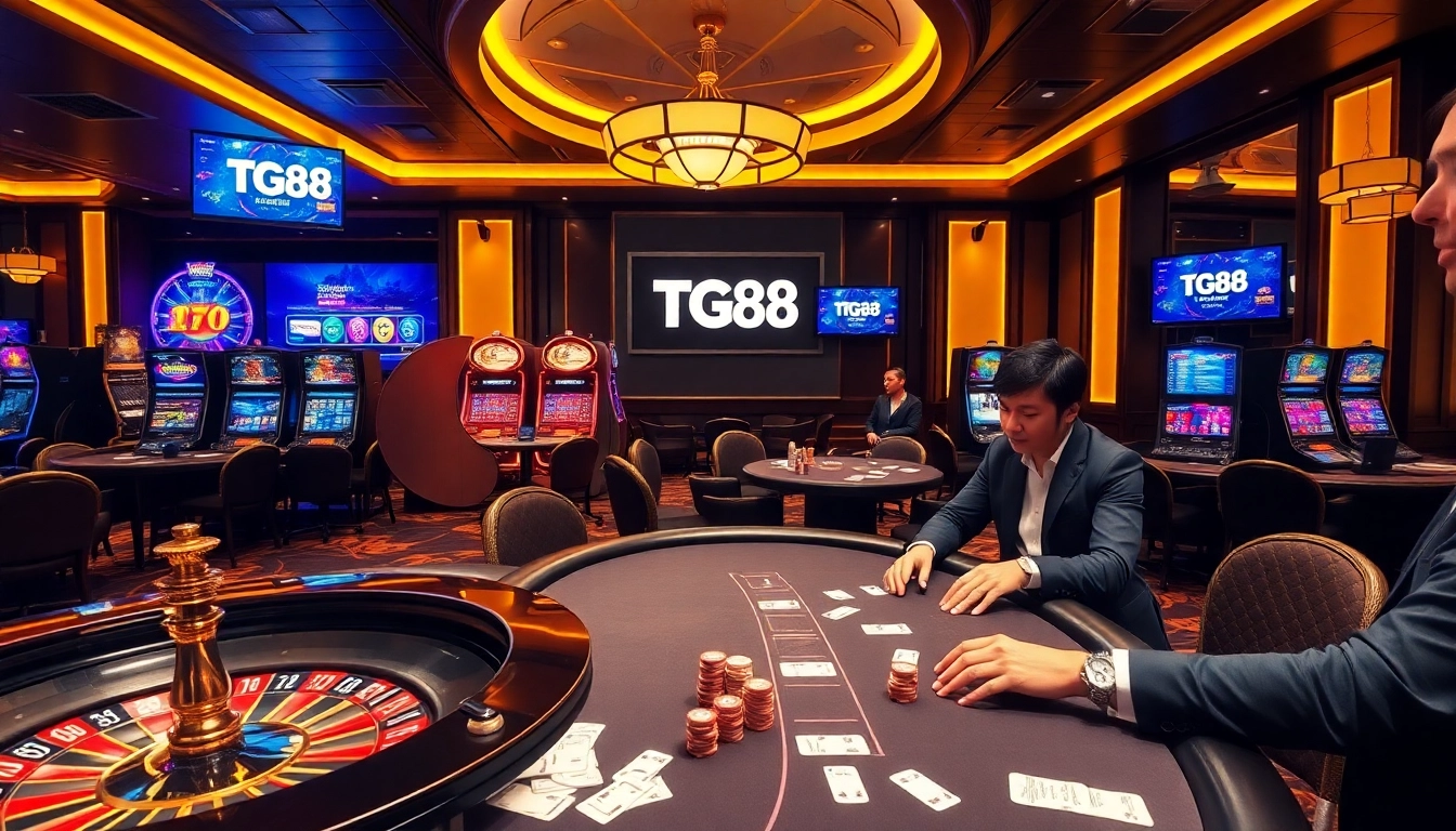 Experience high-stakes gaming at TG88 casino with vibrant slot machines and luxurious roulette tables.
