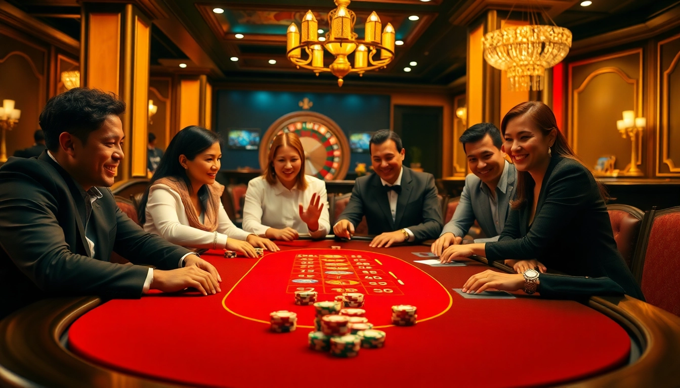 Players enjoying a thrilling game at the 999BET casino table, featuring vibrant chips and cards.