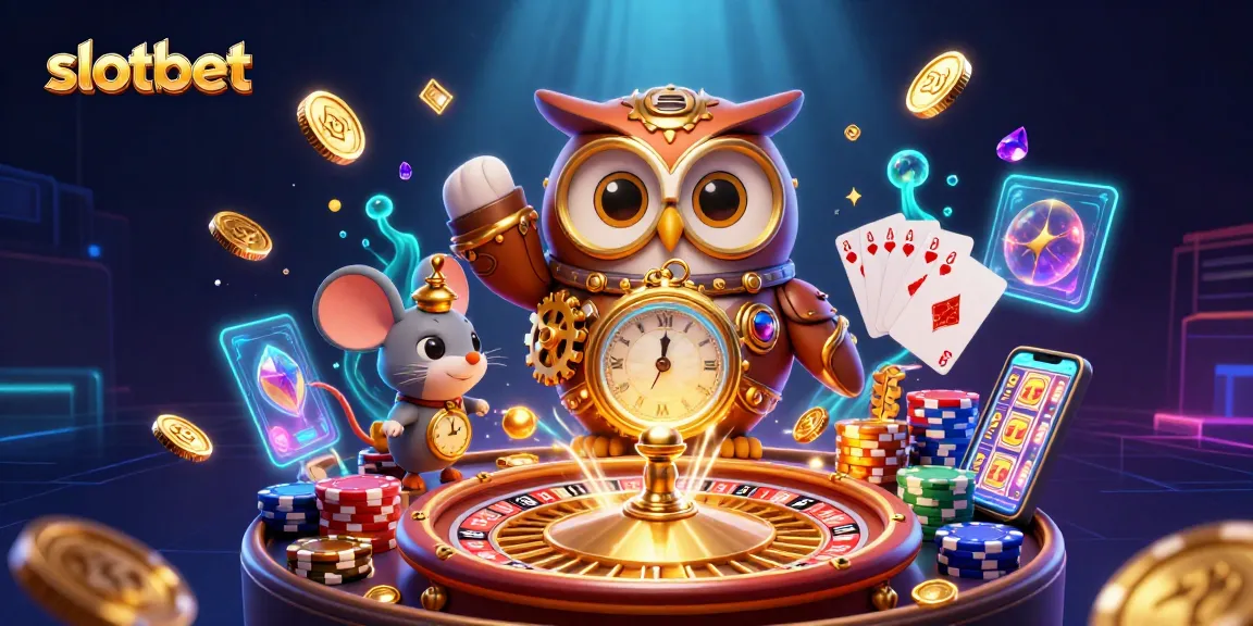 Engaging slotbet illustration showcasing casino elements like spinning roulette wheel and dynamic card games.