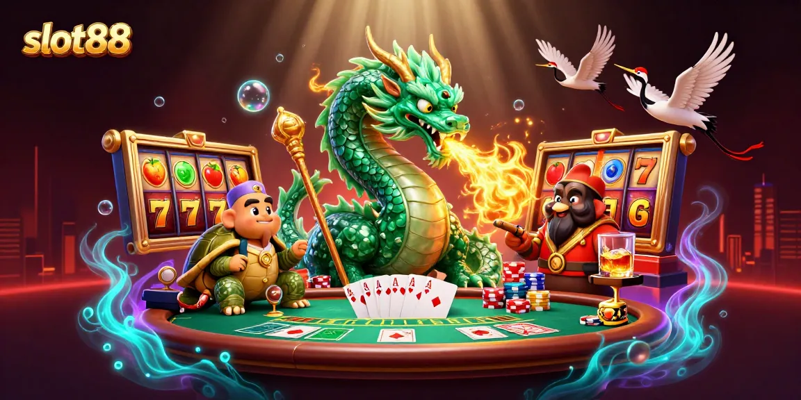Experience the vibrant world of slot88 with a jade dragon and lucky cranes amidst rich casino elements.
