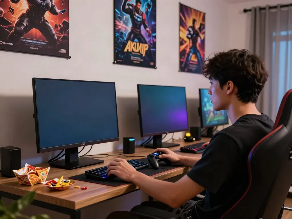 Akunjp gaming scene with a player focused on an exciting slot game in a cozy living room.