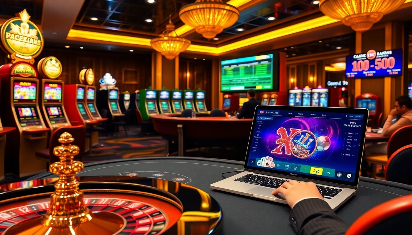 Engaging scene of gamblers at a luxurious casino highlighting xx88csn com slot machines and poker action.