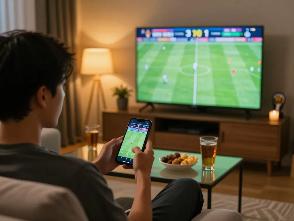 Engaged gambler using keonhacai1 app for live sports betting on a smartphone at home.