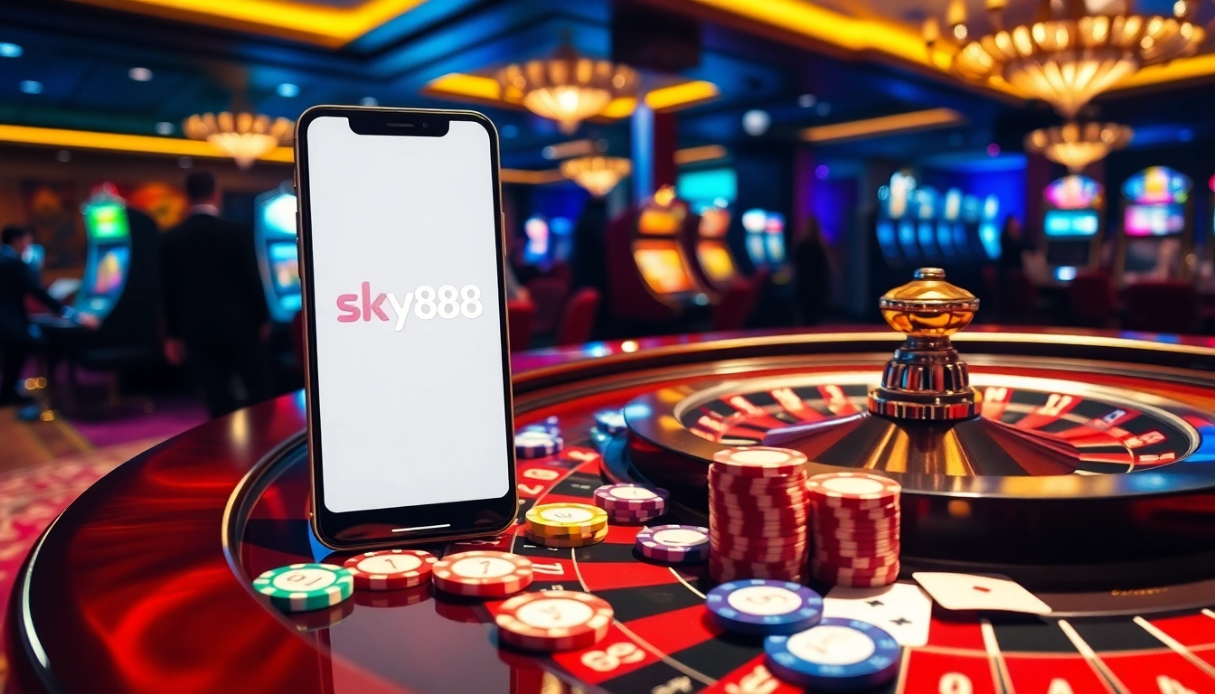 Engaging gamblers at sky888 casino with roulette table and vibrant poker chips