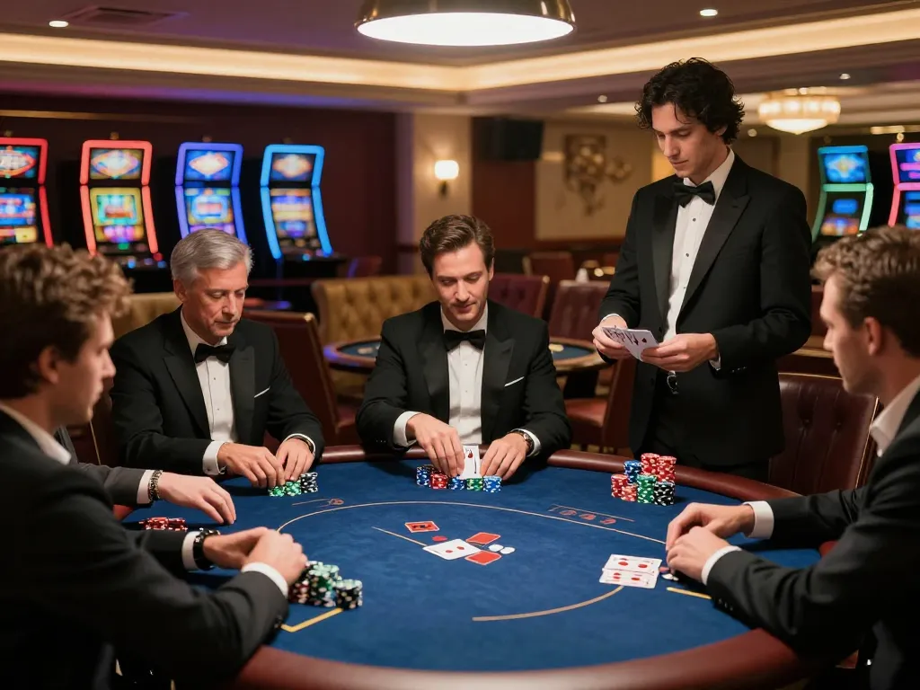 Bangsawan88gg players revealing winning hands at a luxury casino poker game.