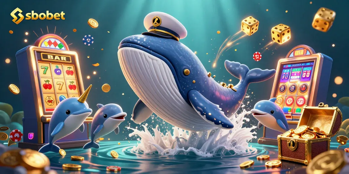 Engage with sbobet betting excitement featuring a whale, narwhal, and dolphins amidst dynamic casino elements.